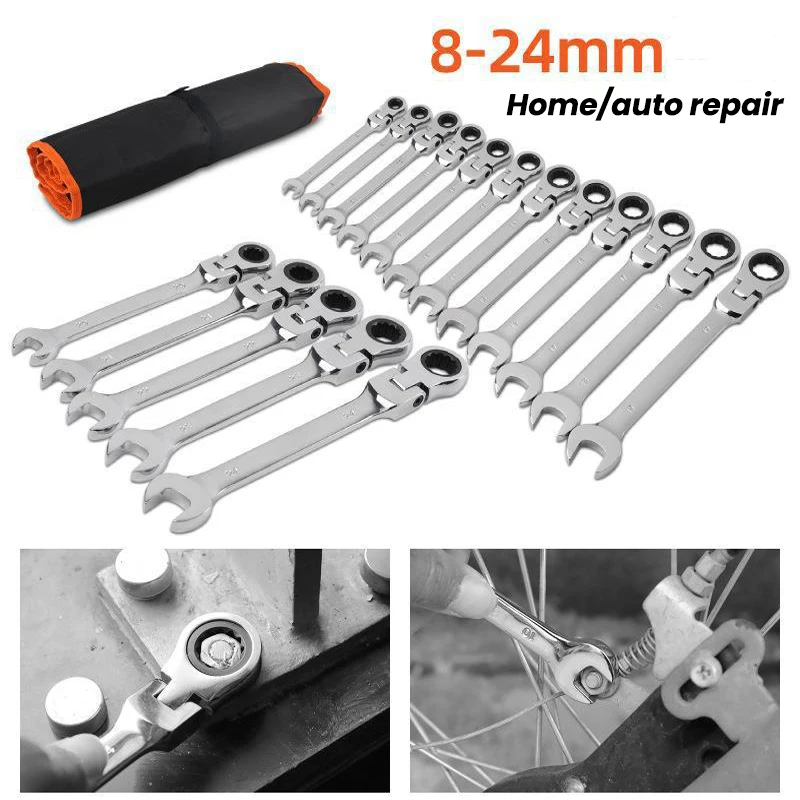 Ratchet Spanner Wrench Set 8-19mm 72 Teeth Ring Ratcheting Combination with Open Flexible Head Wrench for Car Repair Tools Sets