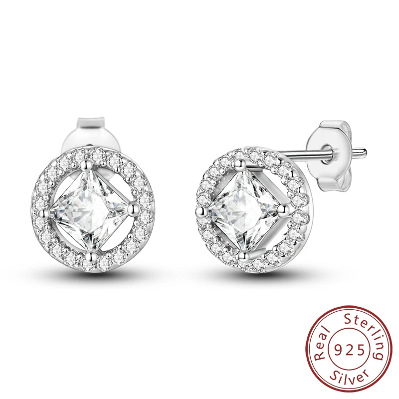 

Sparkling 925 Sterling Silver Dazzling Princess Square Round Stud Earrings For Women Wedding Anniversary Earrings Gift Wholesale