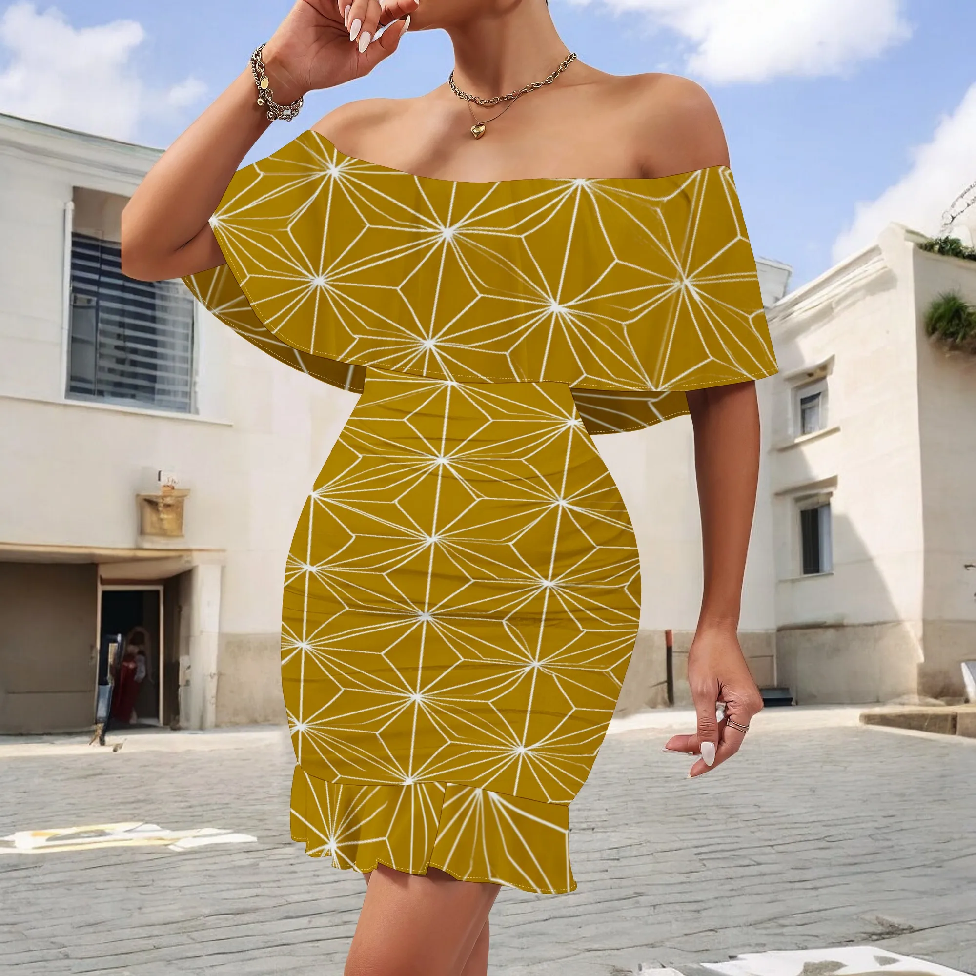 

Chic Geometric Mini Dress S‑3XL Off Shoulder Bodycon Style with Ruffle Hem for Evening Event, Resort Look or Art Festival