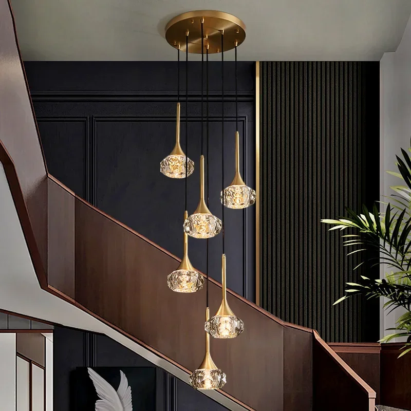 All Copper Staircase Long Chandelier Modern Minimalist Duplex Villa Loft Apartment Rotating Staircase Light Luxury Crystal Lamp