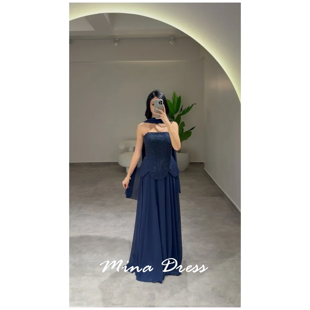 

Mina Customized Beads Arabic Evening Dress Luxury Party Dress Sequins. Tube Top Sleeveless Backless Dresses for Special Events
