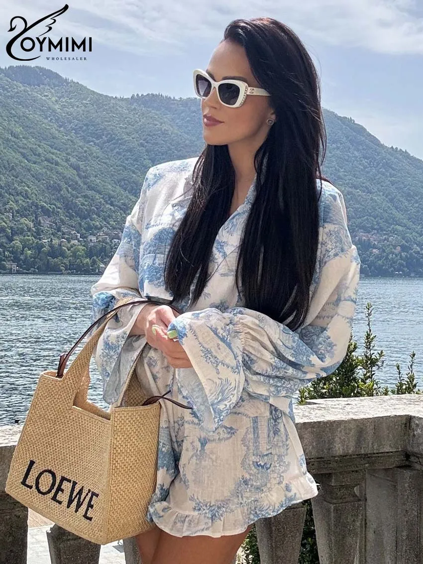 Oymimi Casual Blue Print Dwuczęściowe zestawy dla kobiet Eleganckie koszule z długim rękawem i kieszeniami z klapami oraz szorty z wysokim stanem