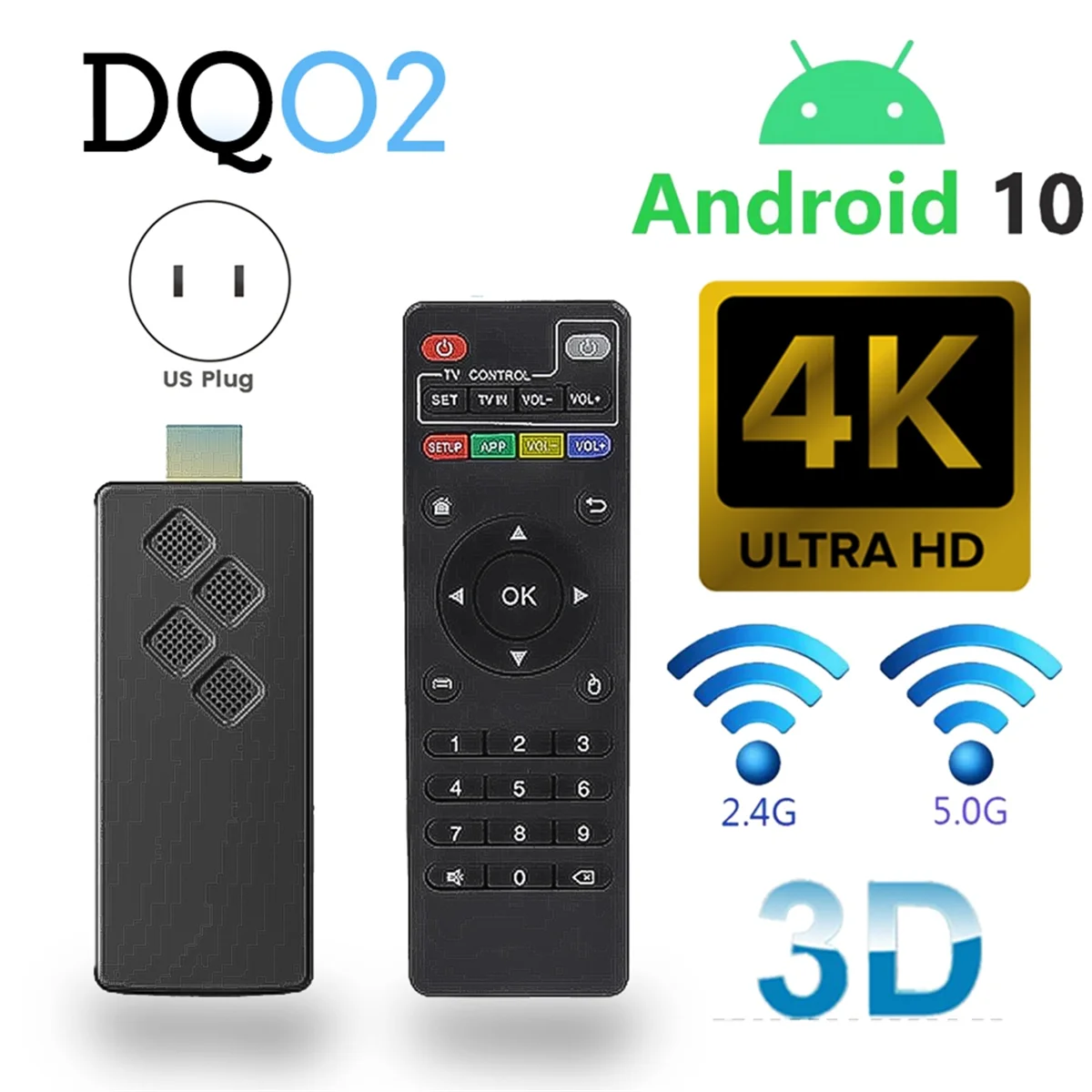 NEW!! Q2 TV Stick Android 10 Quad Core ARM Cortex A53 2+16GB Support 4K Tv Stick Wifi Streaming Bluetooth Smart TV Box US Plug