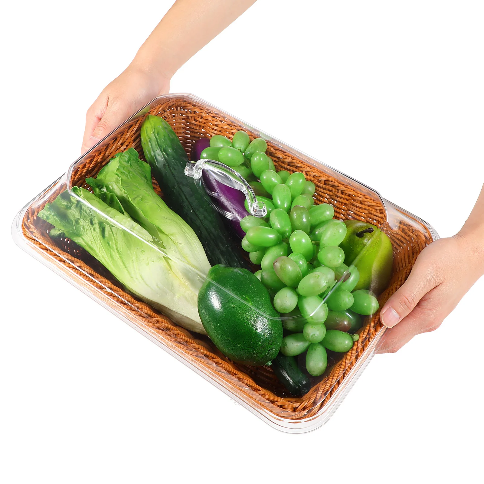 

Simulated Rattan Bread Basket Transparent Cover Rustic Woven Storage Basket for Kitchen Bakery Serving Display