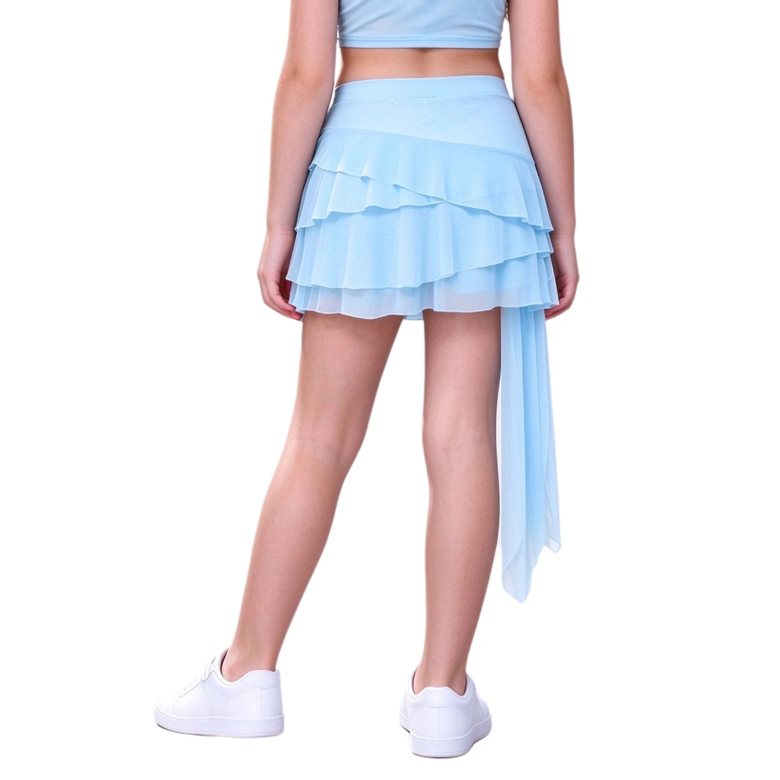 Kids Girls Ruffle Tulle Flowy Drape Skirt with Built-in Shorts Asymmetrical Tiered Mesh Half Skirt Dance Performance Mini Skirt
