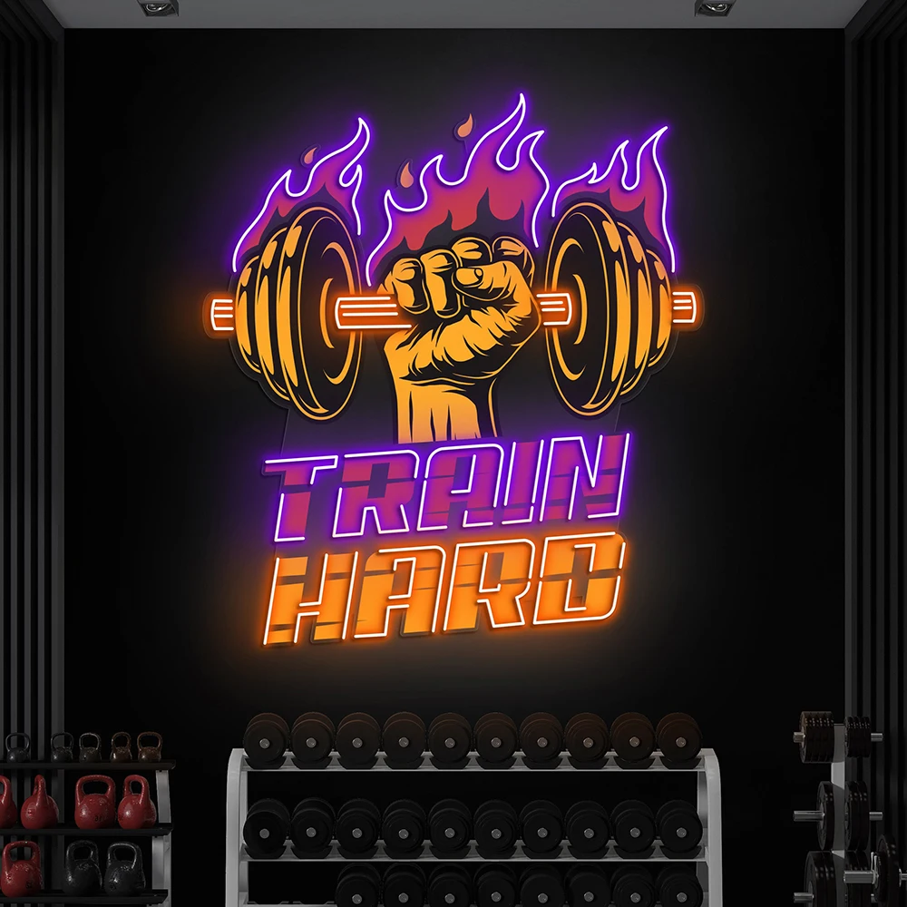 Haltere Neon Signs, Train Hard LED Light, Perfeito para Casa, Gyms Decor, Custom Neon Sign, Decoração Fitness, Workout Motivação