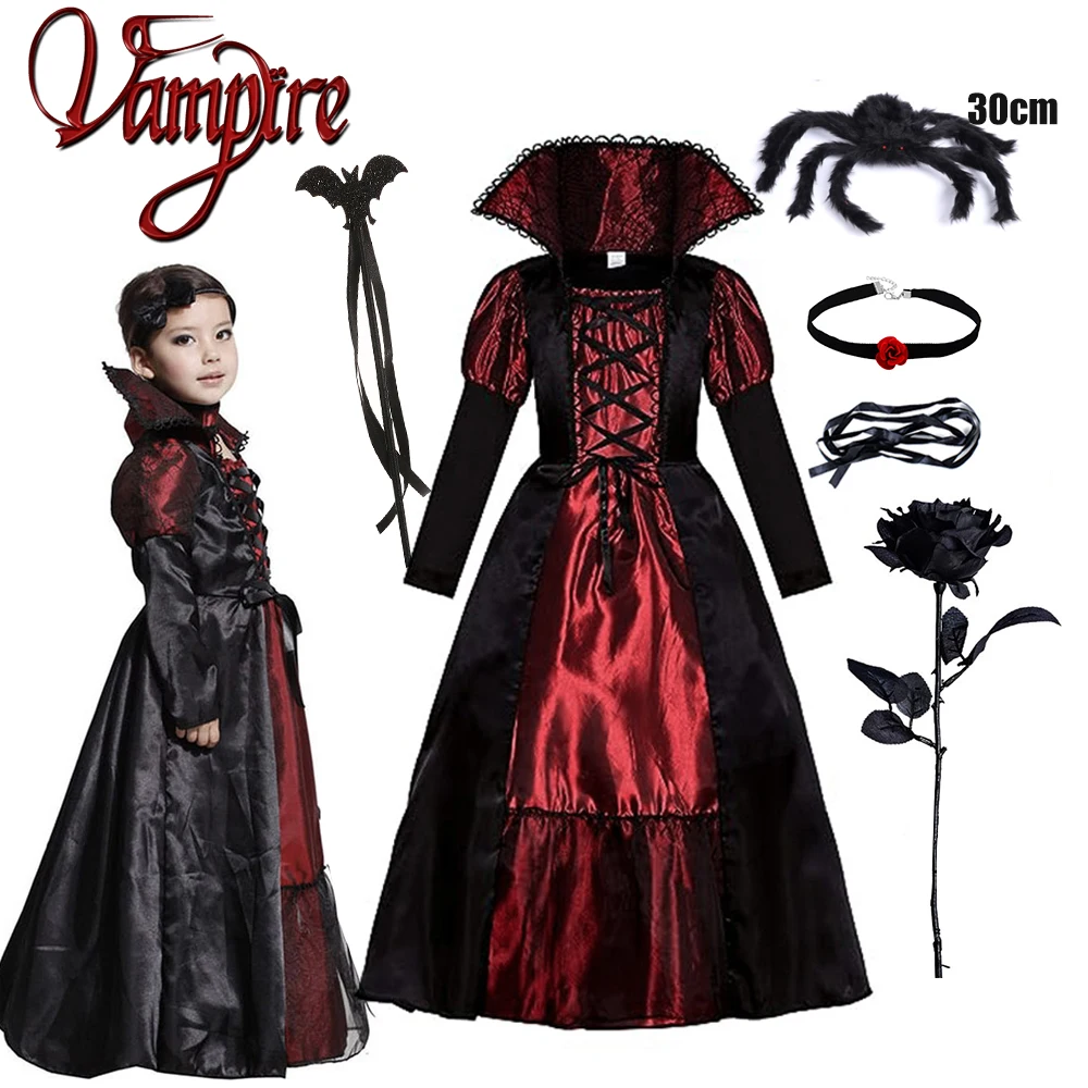 

3PCS Vampire Costume Dress for Kids Girl Fancy Halloween Dress Up Party Ghost Cosplay Canival Performance Vestidos Toddler Cloth