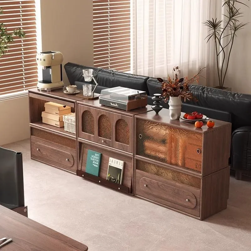 Black Walnut Solid Wood TV Cabinet Living Room Storage Unit Floor to Ceiling Bookshelf Combo for Small Apartment Household