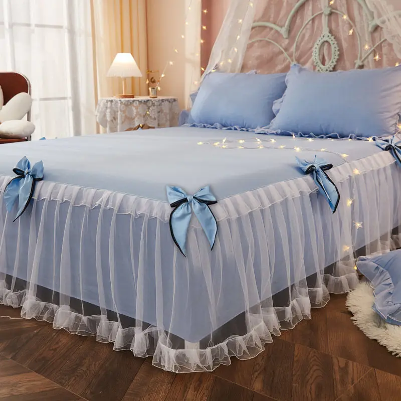 

3Pcs/set Double Lace Bed Sheet Skirt Elastic Fitted Bedspread with Pillowcases Mattress Cover Bedding Set King Size Bedsheet