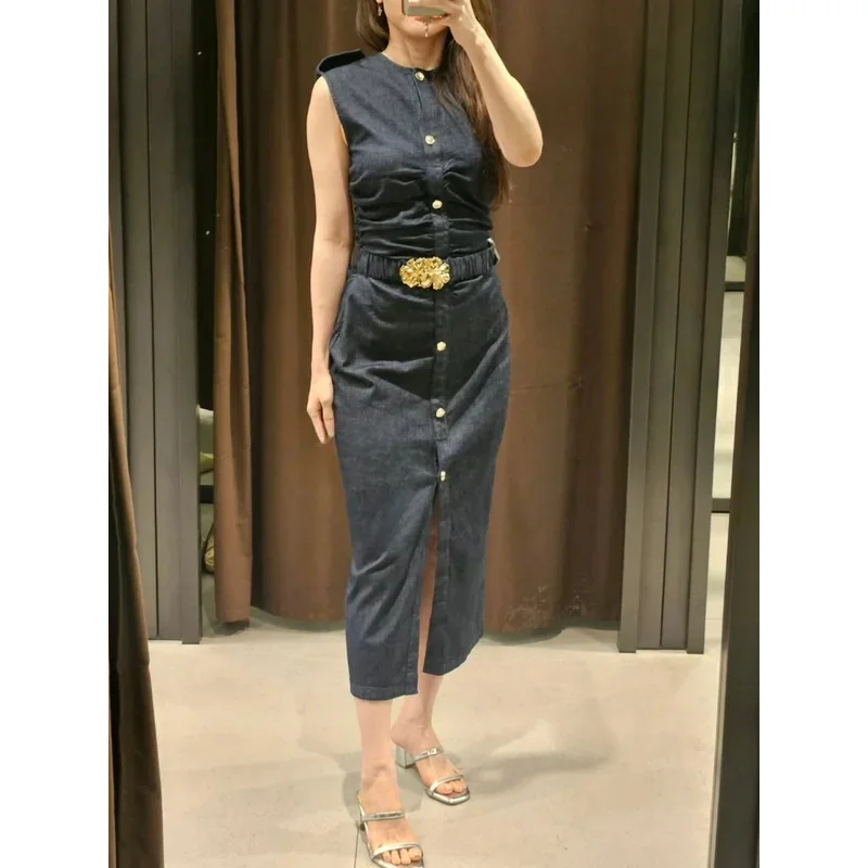 Abito in denim vintage da donna, O-Collo, cintura monopetto, abiti dritti senza maniche, moda chic, estate, 2020