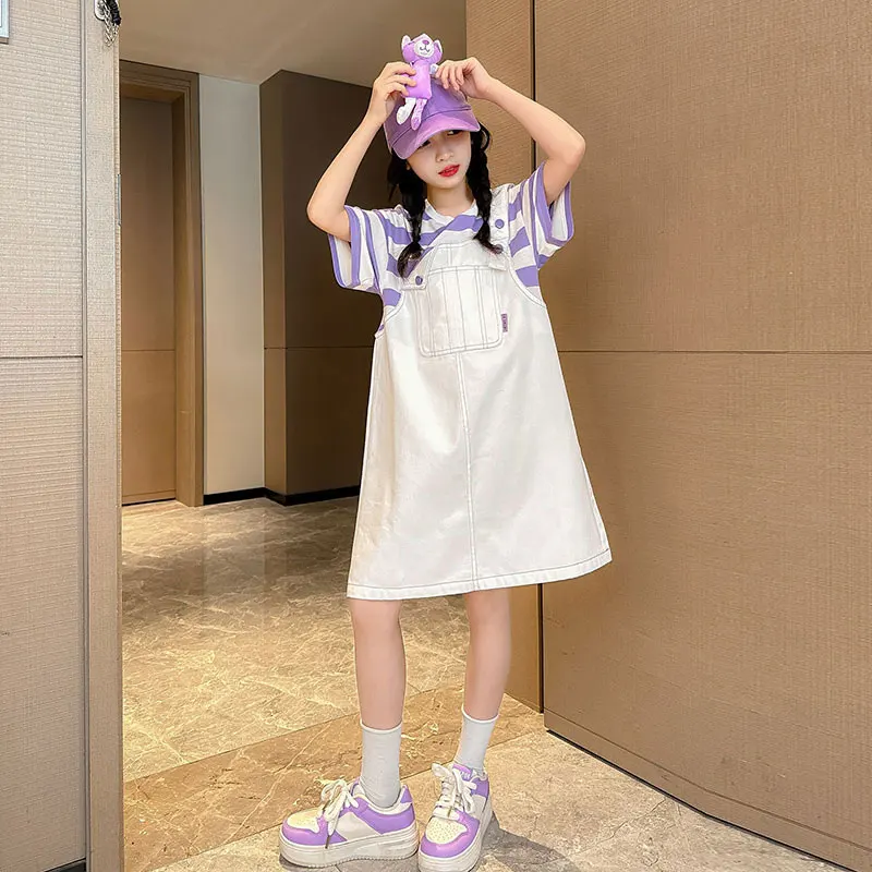 

New Girl Summer Dress with Straps Preppy style children Princess Purple Dresses kids striped vestidos 5to14year