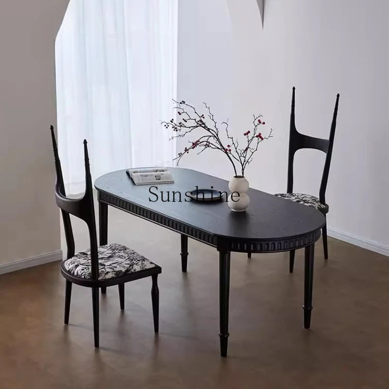 

TT French retro black solid wood modern medieval semi-oval niche dining table