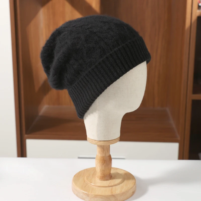 100%Pure Wool Women\'s Winter Hat Warm Soft Woollen Caps Knitted Bonnet y2k Rhombus Beanies For Lady Skullies Cap Turbans