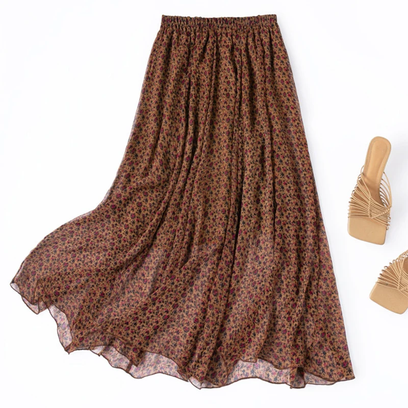 

Женская шелковая юбка из 100% тутового шелка, кофейного цвета, с принтом, на эластичной талии, А-силуэт, шикарная, с шелковой подкладкой, летняя, пляжная, с широким подолом, M1594