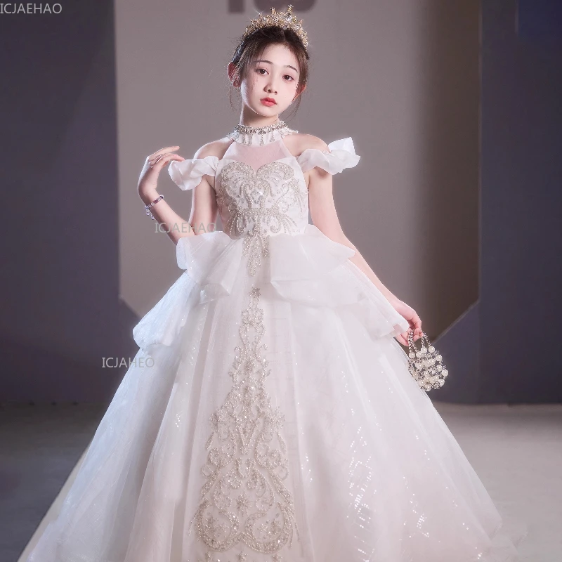 White Dresses Kids Girls Birthday Princess Gown for Host Piano Recital Party Pageant Formal Evening Flower Girl Wedding Dress