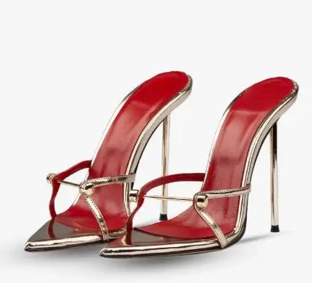 

Summer Light Gold Leather Metal Button Thin Heels Pointed Open Toe Modern Slippers Women Sexy Stiletto High Heel Slip On Sandals