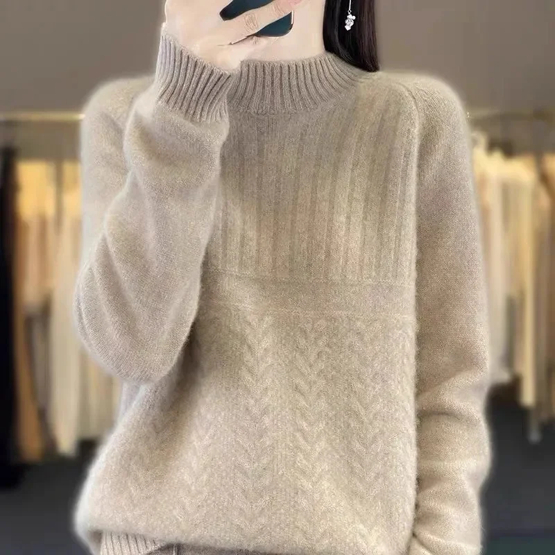 2024Autumn Winter Women Knitted Sweater Pullover New Solid Half High Neck Long Sleeved Sweater Bottoming Shirt Female Casual Top