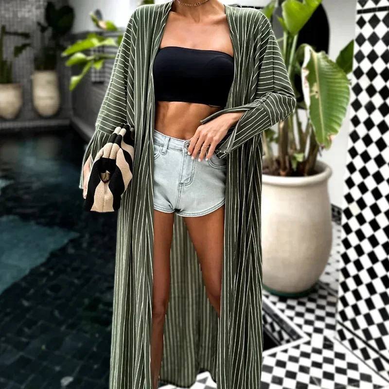 2024 Fashion Vestido V Neck Waist Stripe Drawstring Party Long Dress Women Summer Short Sleeve Loose Beach Women Dresses Smock