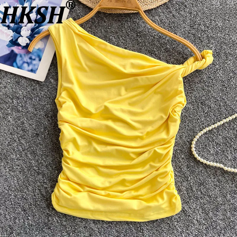 

HKSH Summer New Women American European Retro Tide Design Vest Twist Knot Asymmetric Strap Slim Fit Chic Casual Tank Tops HK8167