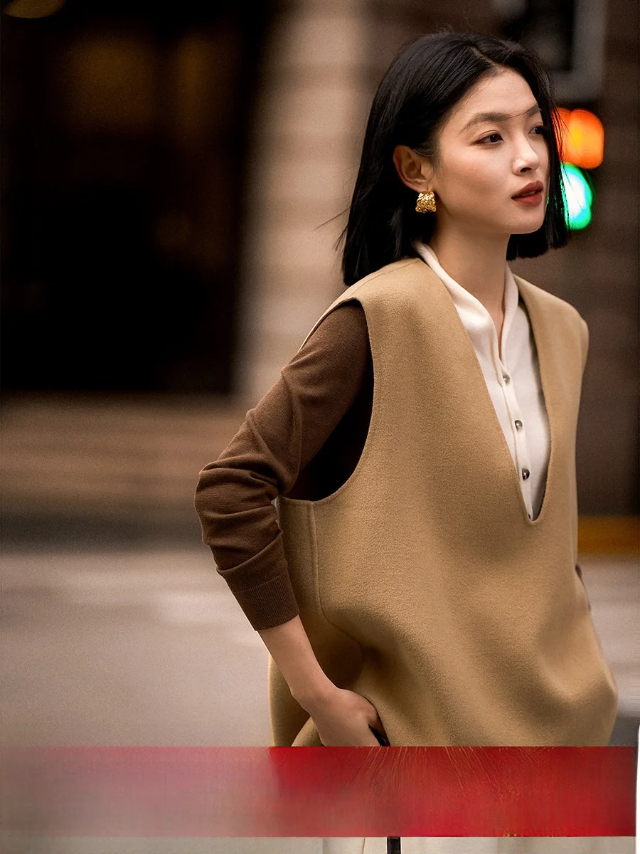 

Двусторонний шерстяной жилет XiaoHanGe: мягкий, теплый, для осени и зимы, повседневный крой, 76% шерсть, 24% нейлон, весна 2026