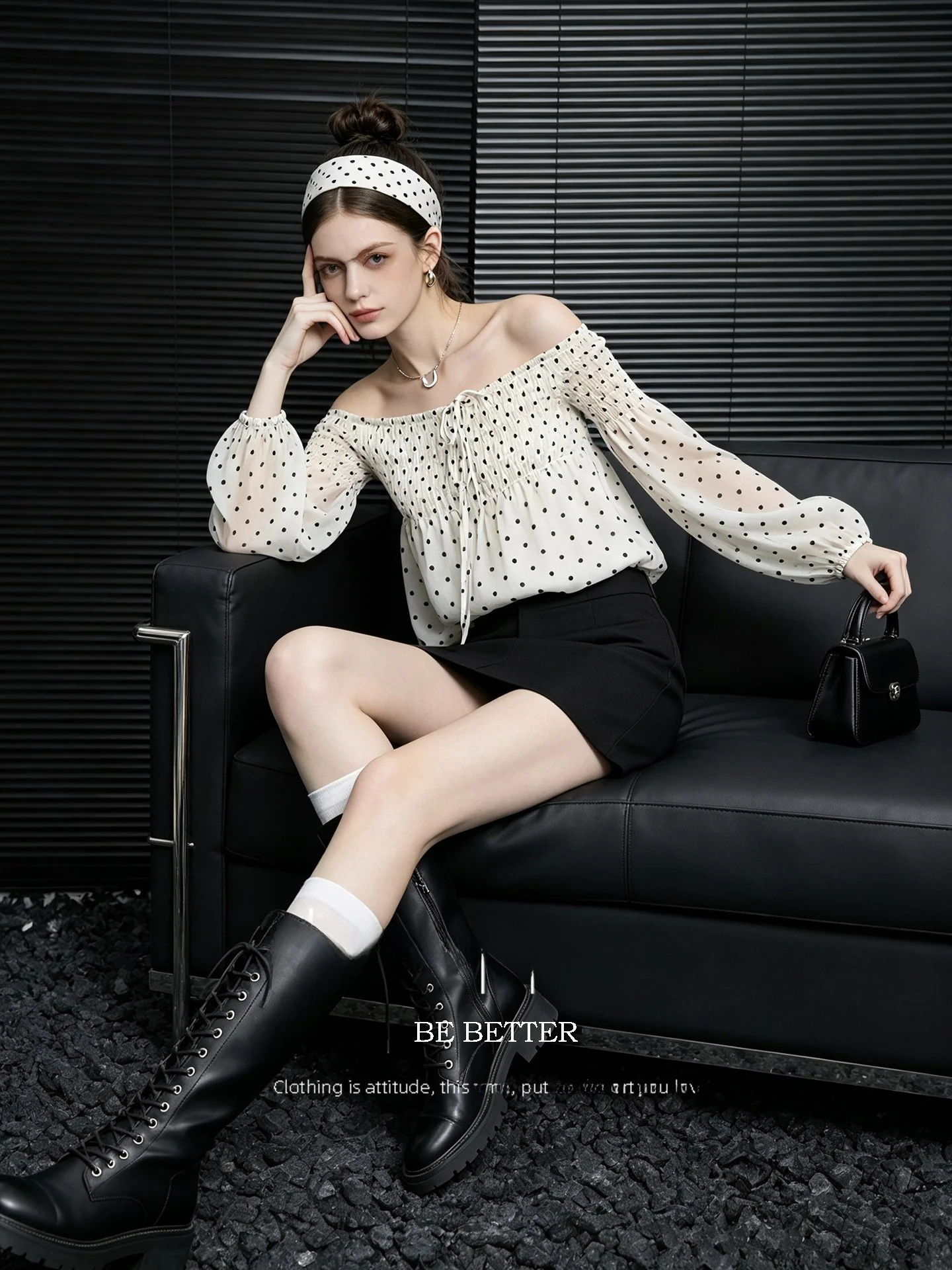 Huaappuw Polka Dot Print One Shoulder Bubble Sleeve Shirt Women's Loose Fit French Style Casual Top for Autumn 2026