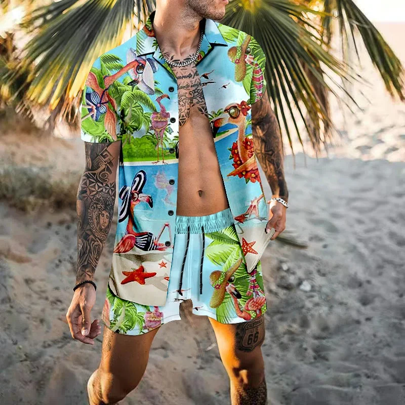 Hawaii Männer Strickjacke 2 Stück Sets Sommer 3D-Druck Kurzarm Knopf Hemden Strand Shorts Urlaub Männer täglich zweiteiligen Anzug