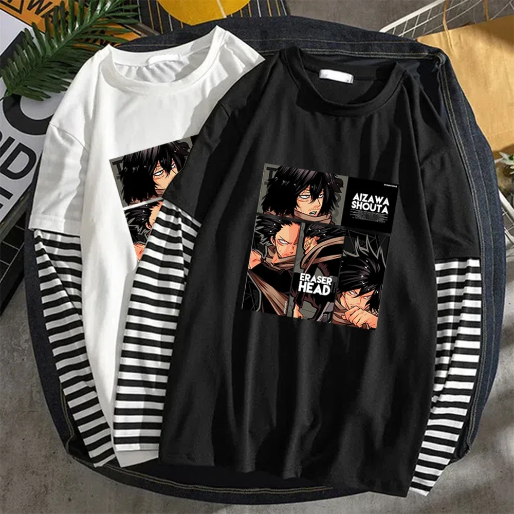 

Anime Graphic Print Harajuku Black White Striped Y2K Long Sleeve T-shirt Men Women Fall Fake Two Piece Long Sleeve Loose T-shirt