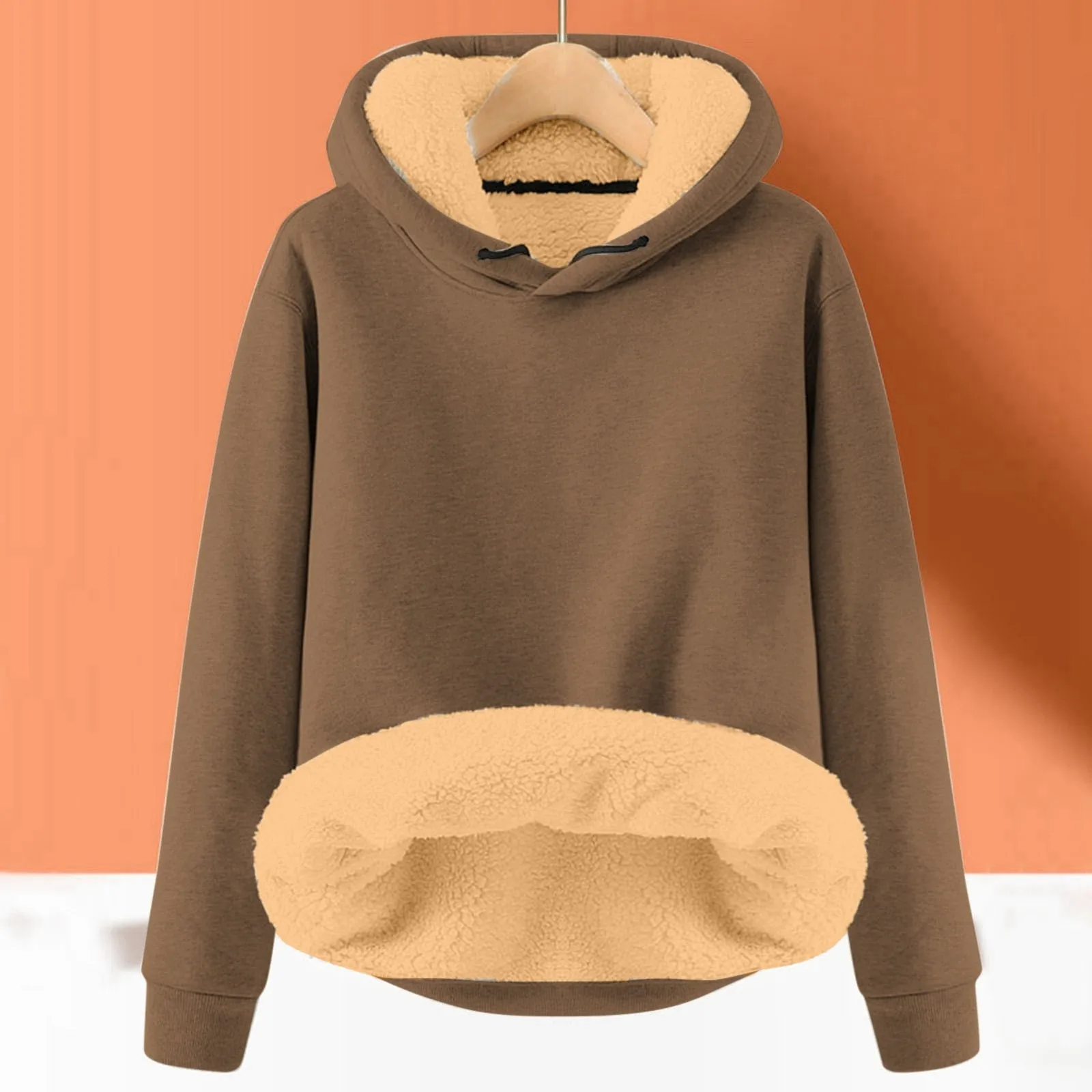 Autumn Winter Solid Color Velvet Liner Hoodie Ladies Thick Warm Loose Hooded Sweatshirt Drawstring Simple Basic Pullover
