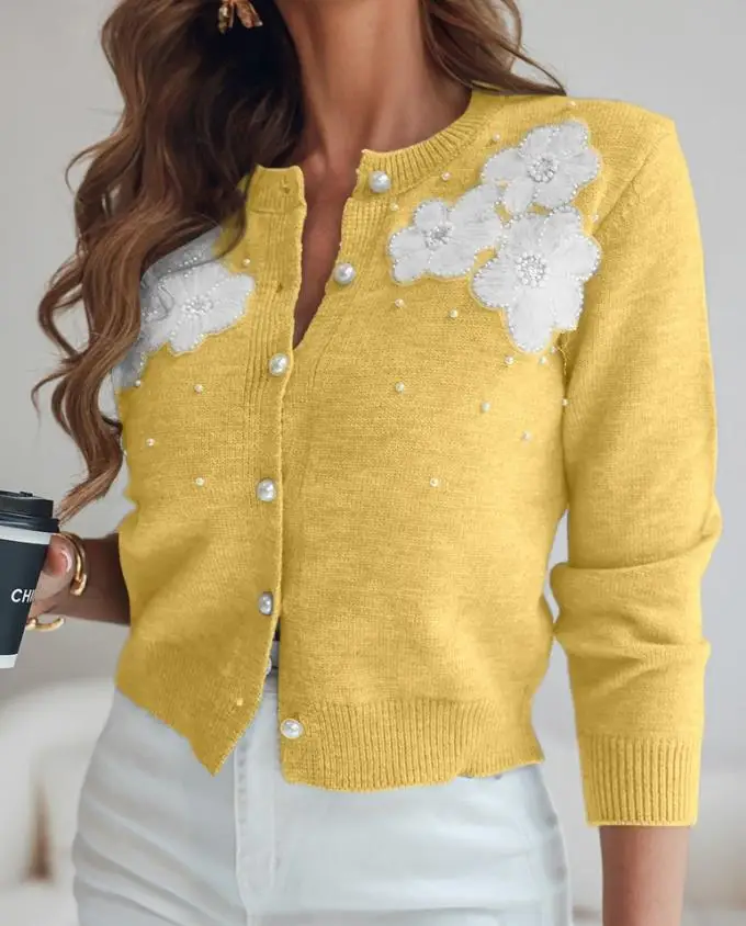 

Women's Sweater 2025 Spring Autumn Floral Applique & Pearls Decor Round Neck Single Breasted Knit Cardigan Casual Sweater Coat
