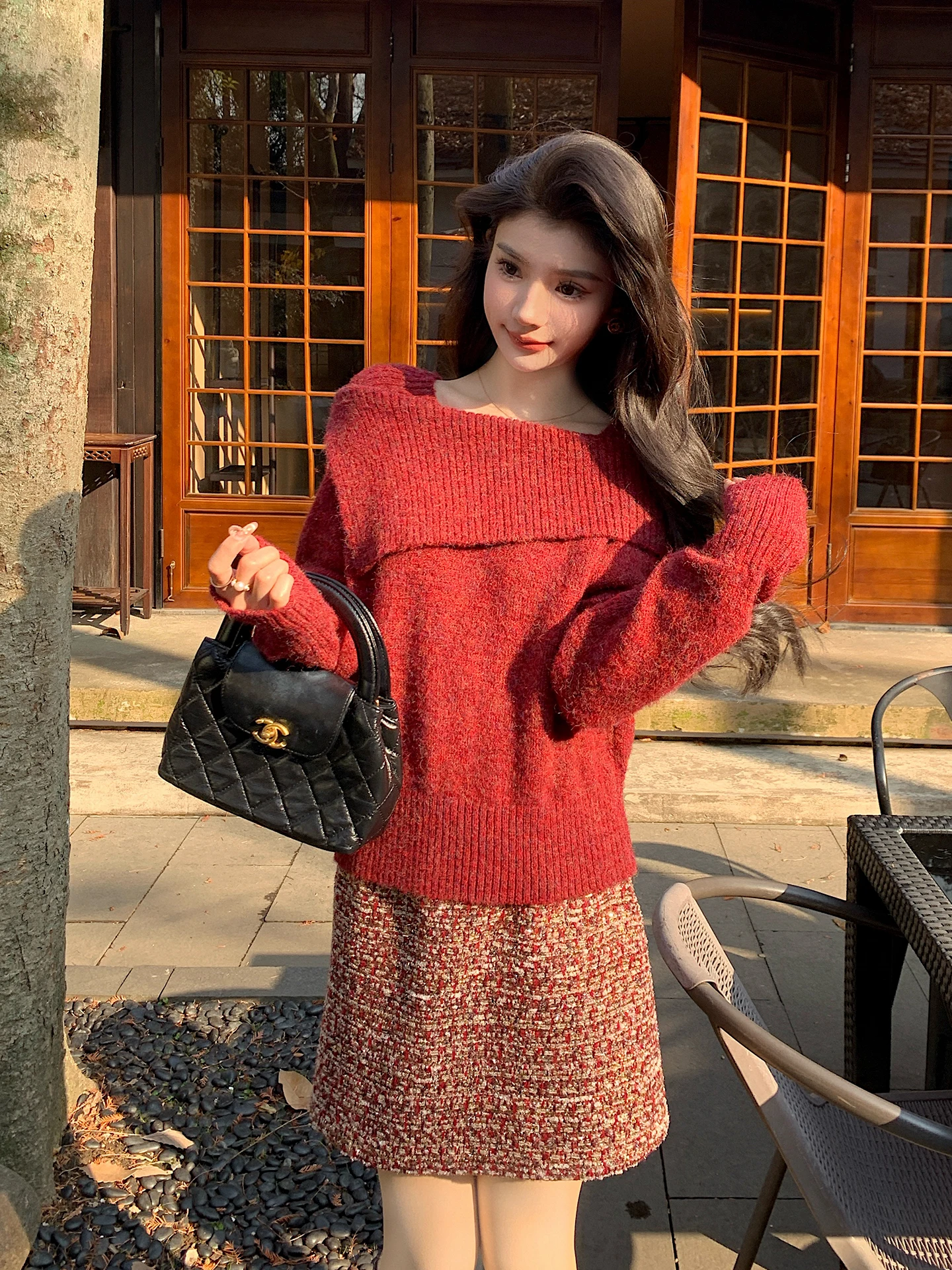

Red Sweater And Skirt Set Women's Retro Sle Winter Faion Ensemble High Waist Warm Polyester Two-Piece Suit for Casua...
