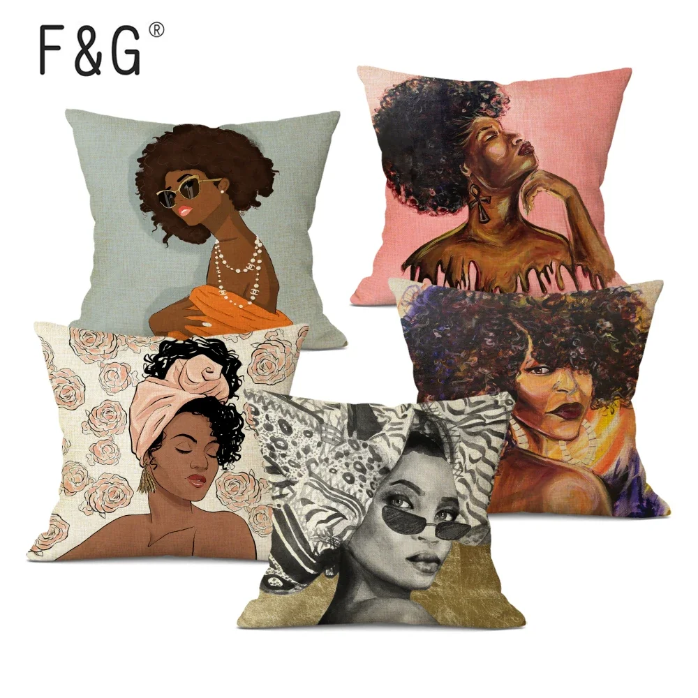 

African Girl Decorative Cushion Cover African American Women Throw Pillow Case for Car Sofa Home Decor 45x45cm