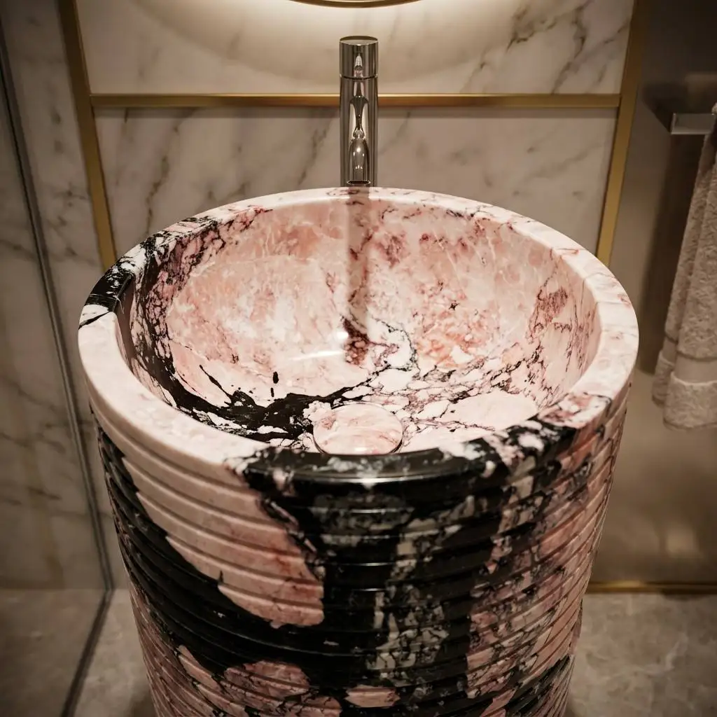 #￥Customized Pink Marble Pedestal Basin Modern Luxury Stone Washing Sink Rectangle Bathroom Vanity for Hotel Restaurant