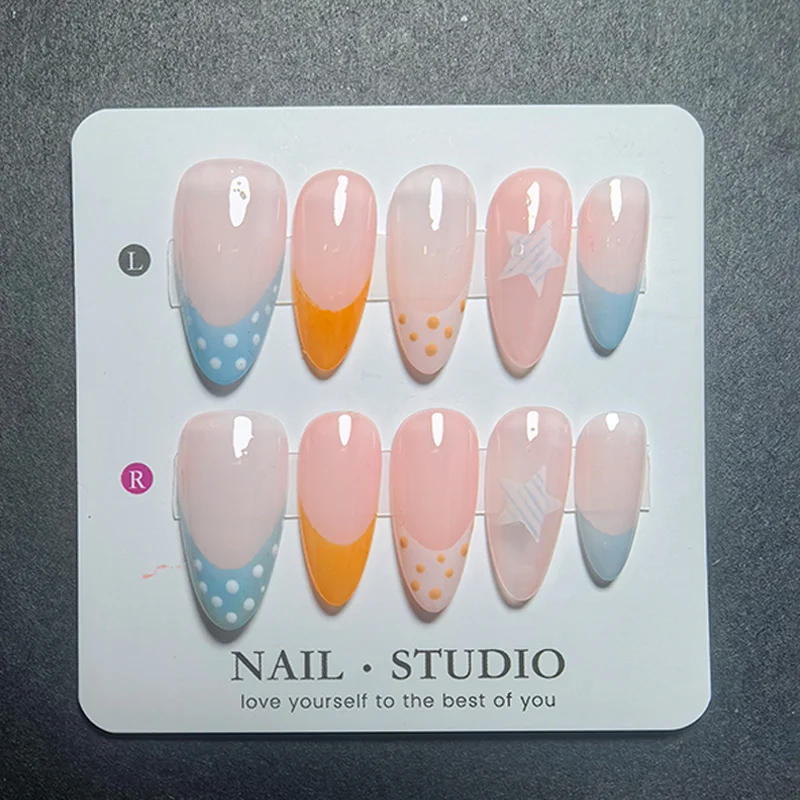 10Pcs Almond French Tip Press on Nails with Mirror Powder, P