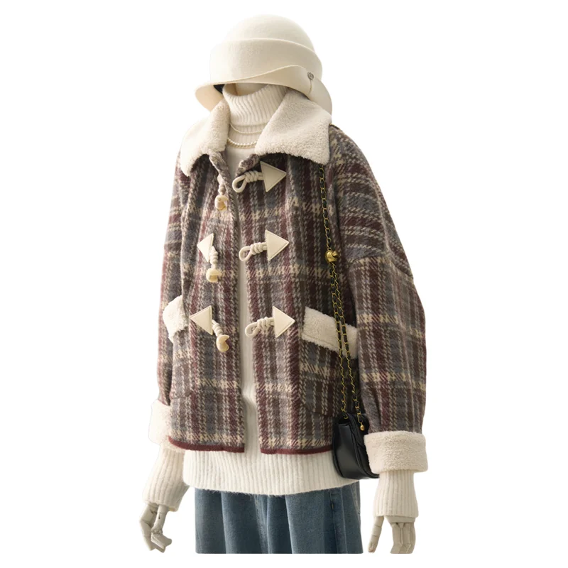 

Women's Oversized Plaid Faux Shearling Jacket with Toggle Buttons Winter Coat Hooded Warm Fleece Lined Short Coat