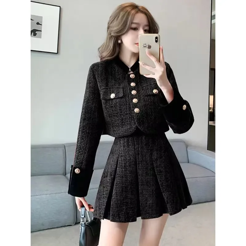 Lnsozkdg French Small Fragrance Suit Women Patched Plaid Coat Pleated Skirt Sweet Fresh Autumn Winter Advanced Two Piece Sets