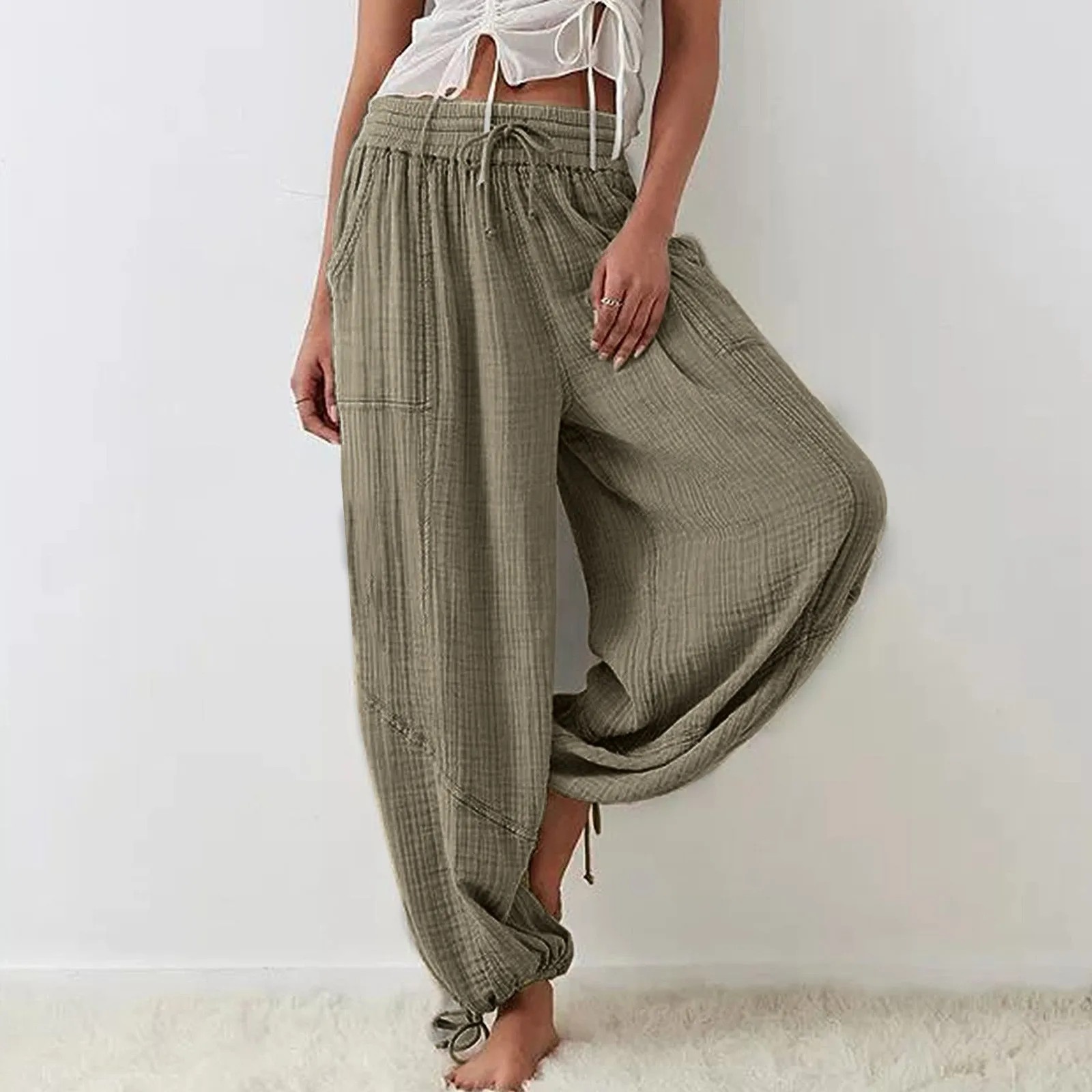 

Women's Pants Baggy High Waisted Wide Leg Cargo Casual Loose Vintage Cotton Linen Elastic Fashion Pockets Female Trousers