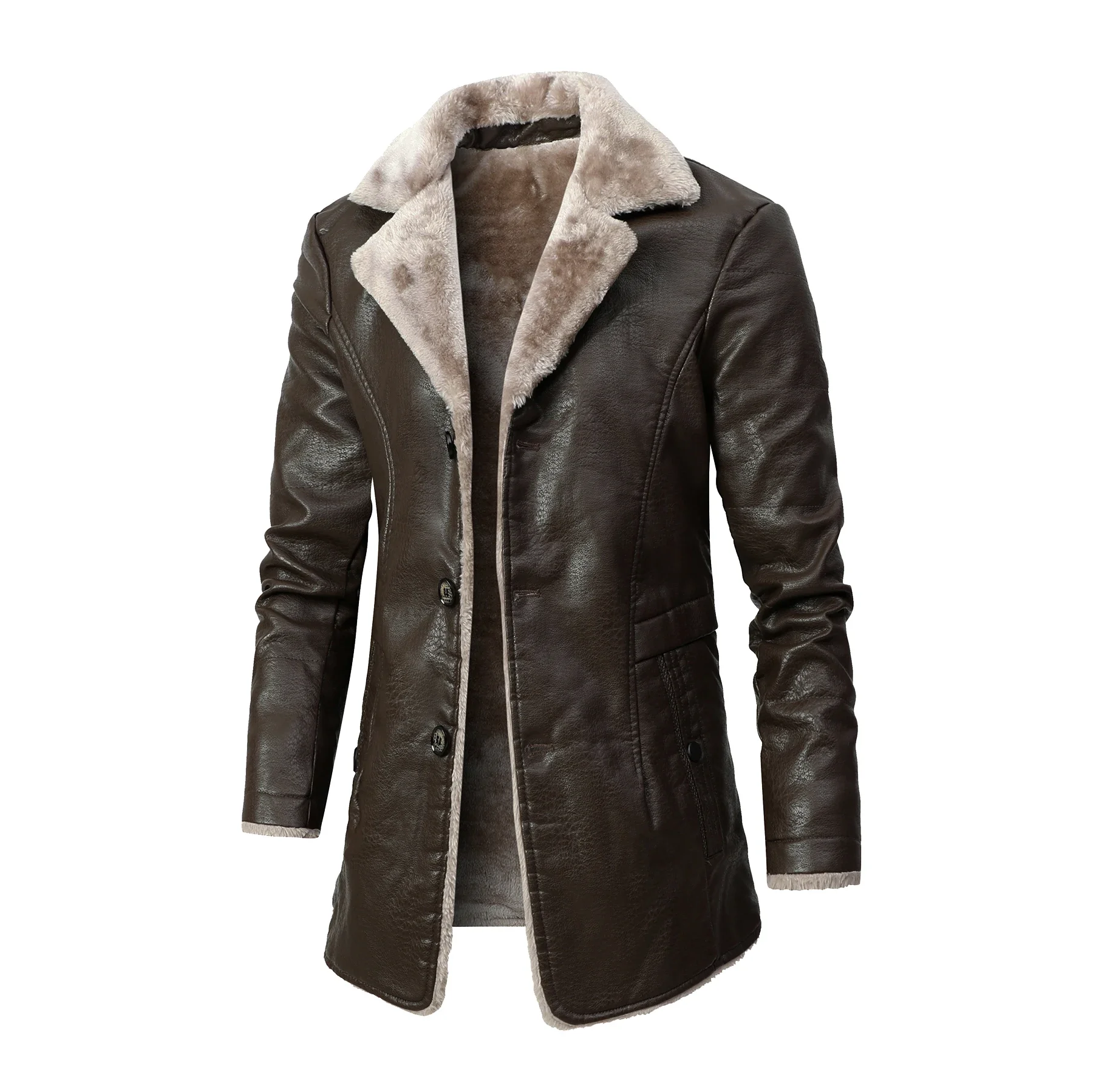 Men's Medium and Long PU Leather Jacket, Business Velvet Lapel Blazer, Single-Breasted Vintage Design Jacket