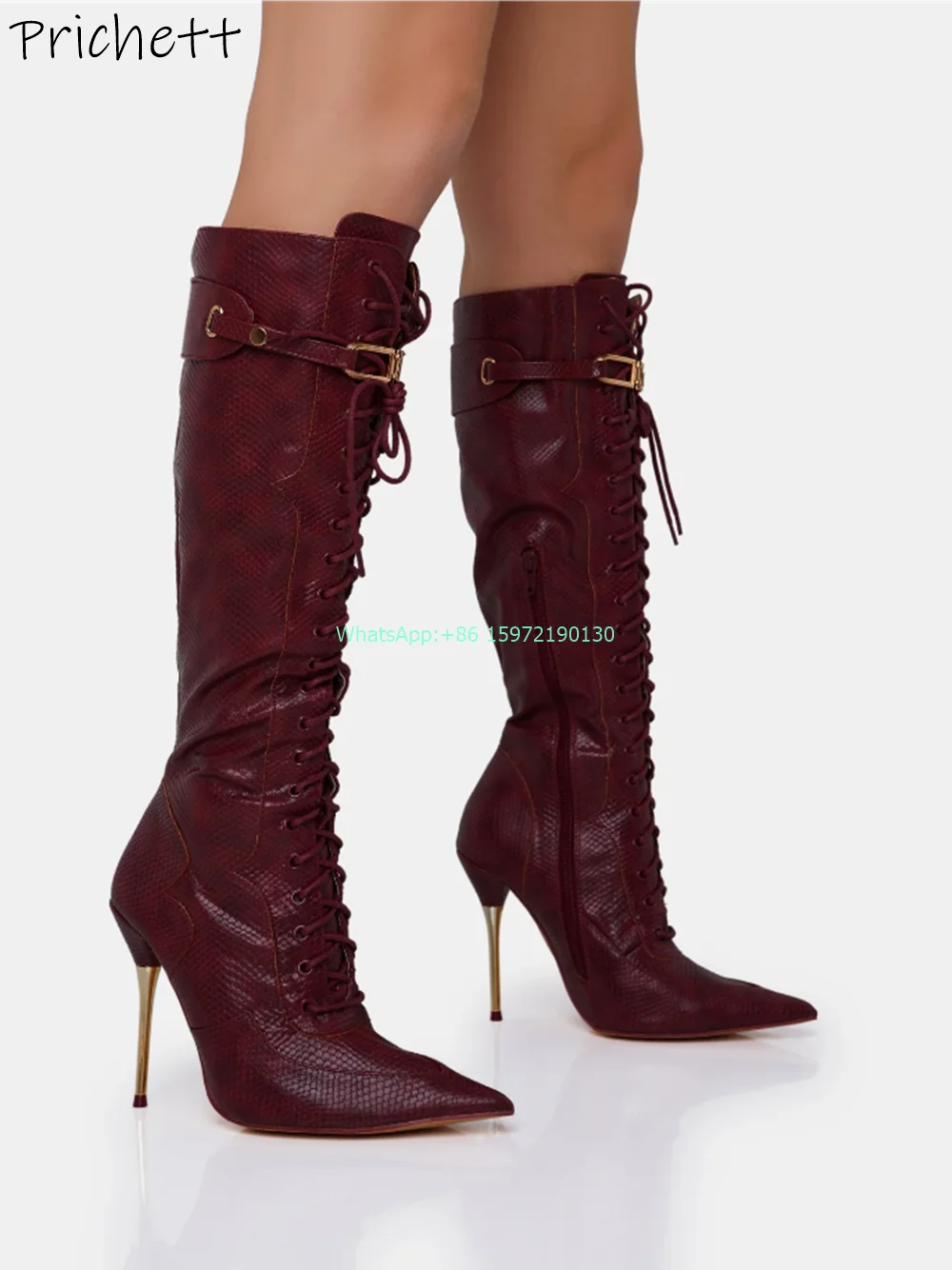 Snakeskin Solid Cross Tied Boots Pointy Toe Thin Metal Heels Zipper Knee High Boots Sexy Fashion Women's Runway Boots 2024