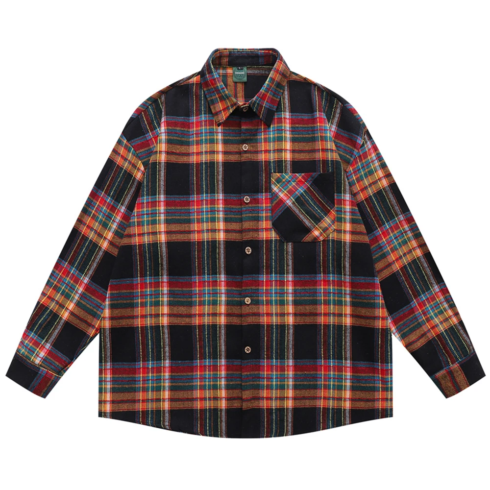 

Colorful Plaid Flannel Cotton Casual Men's Shirt Long Sleeve Spring Button Up Front Pocket Shirts for Man