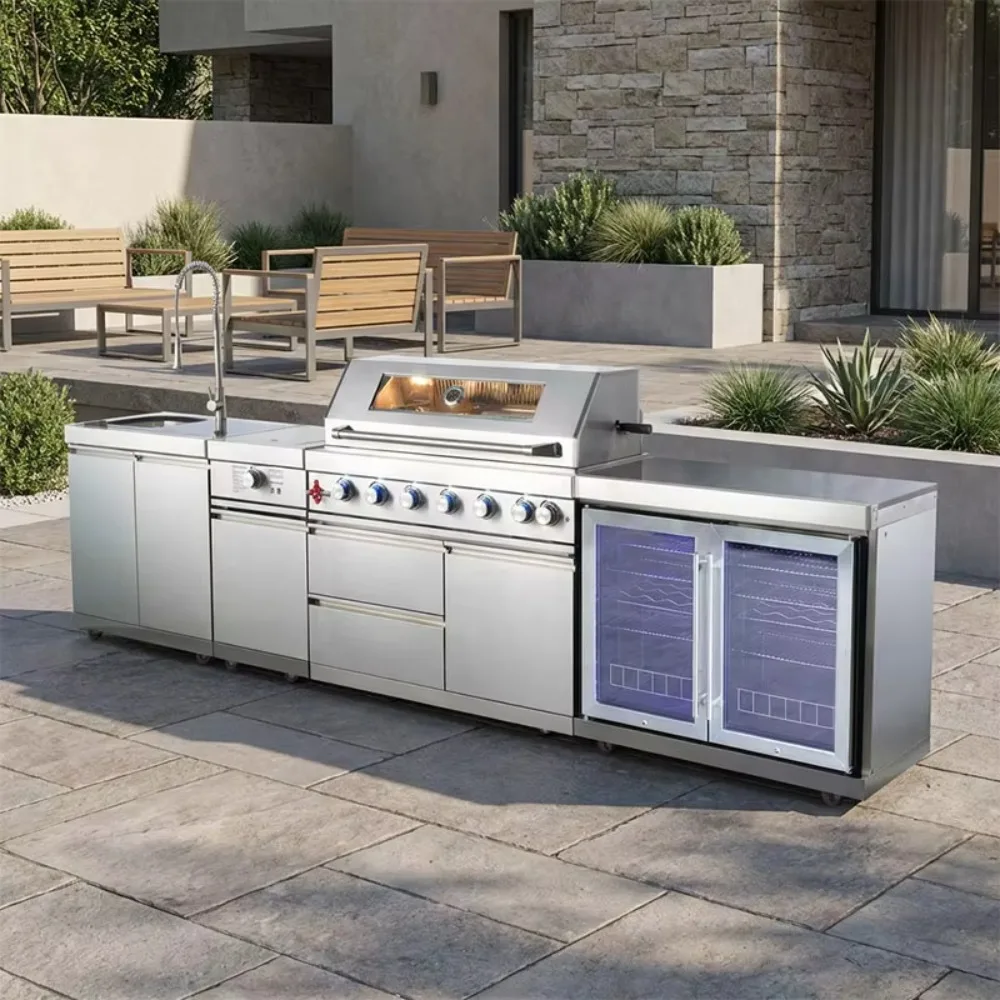 Luxury Weatherproof Stainless Steel Modular Outdoor Kitchen Set Marble Countertop Grill Sink Trolley For Backyard Patio