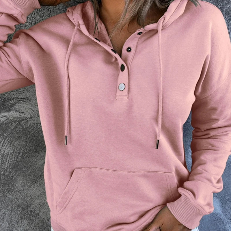 Women's Drawstring Hoodies with Pockets Sweatshirt Button Design Hooded Pullovers Autumn Female Casual Sports Sweatshirt