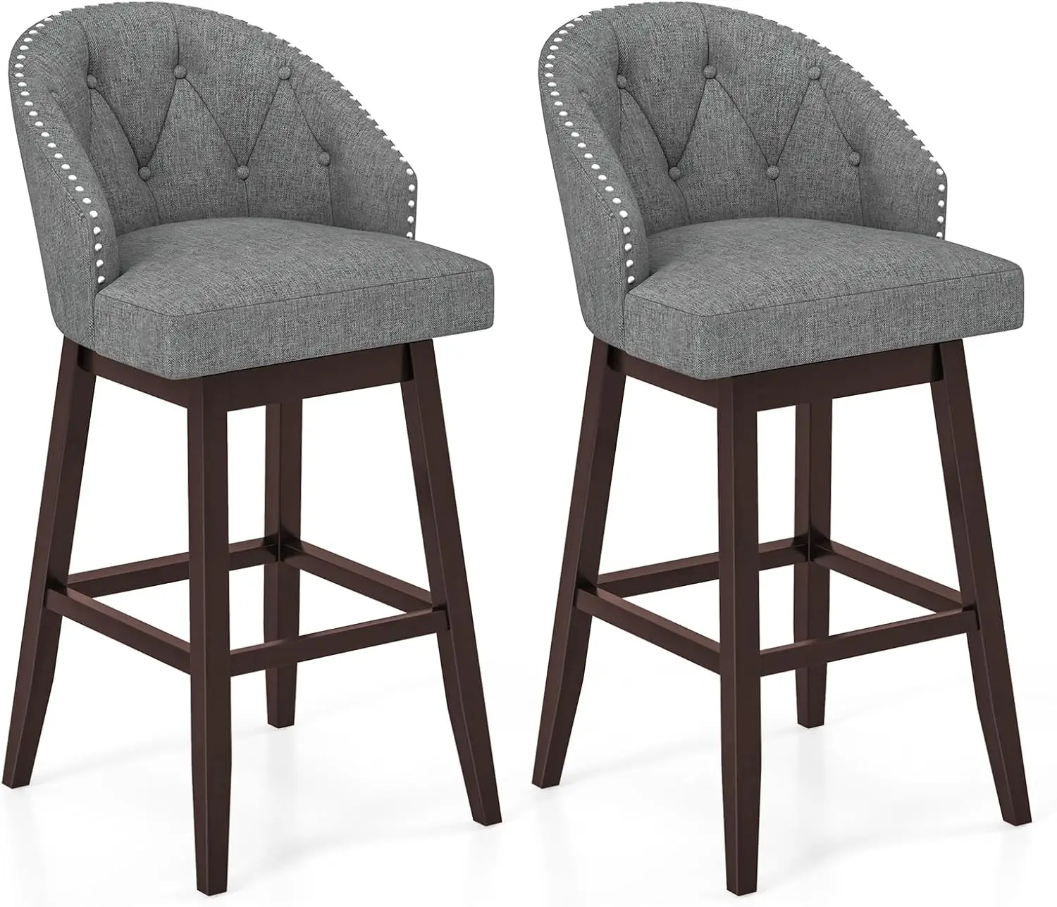 Bar Stools Set of 2, 31’’ Swivel Bar Stools with Rubber Wood Legs & Padded Back, Breathable Linen Fabric, Stylish Tufted De
