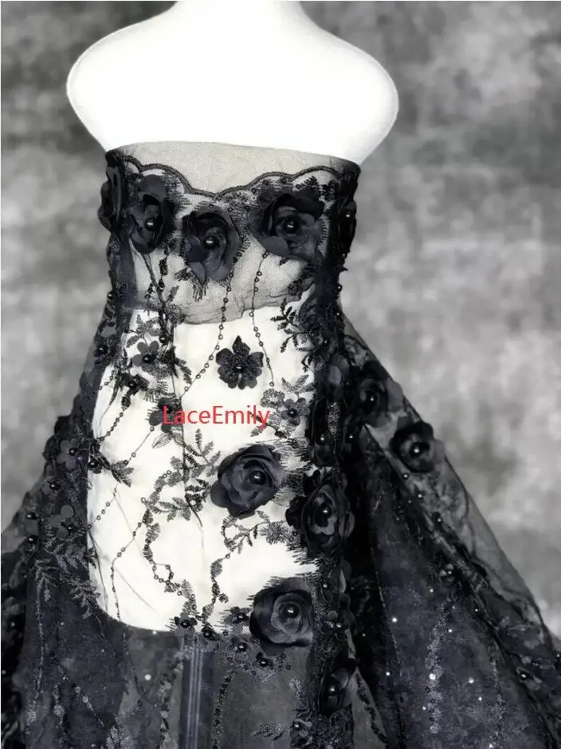 Ivory beaded 3D flower Embroidered Lace Fabric pearl Floral black Tulle Fabric For Girl Dress Tutu Dress Wedding  Bridal Veil