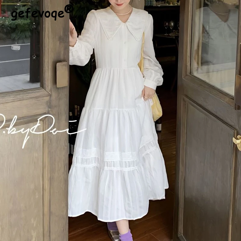 

New Women Vintage Lace Patchwork White Sweet Chic Preppy Style Midi Dress Trendy Long Sleeve Loose Streetwear Y2K Casual Dresses