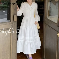 New Women Vintage Lace Patchwork White Sweet Chic Preppy Style Midi Dress Trendy Long Sleeve Loose Streetwear Y2K Casual Dresses