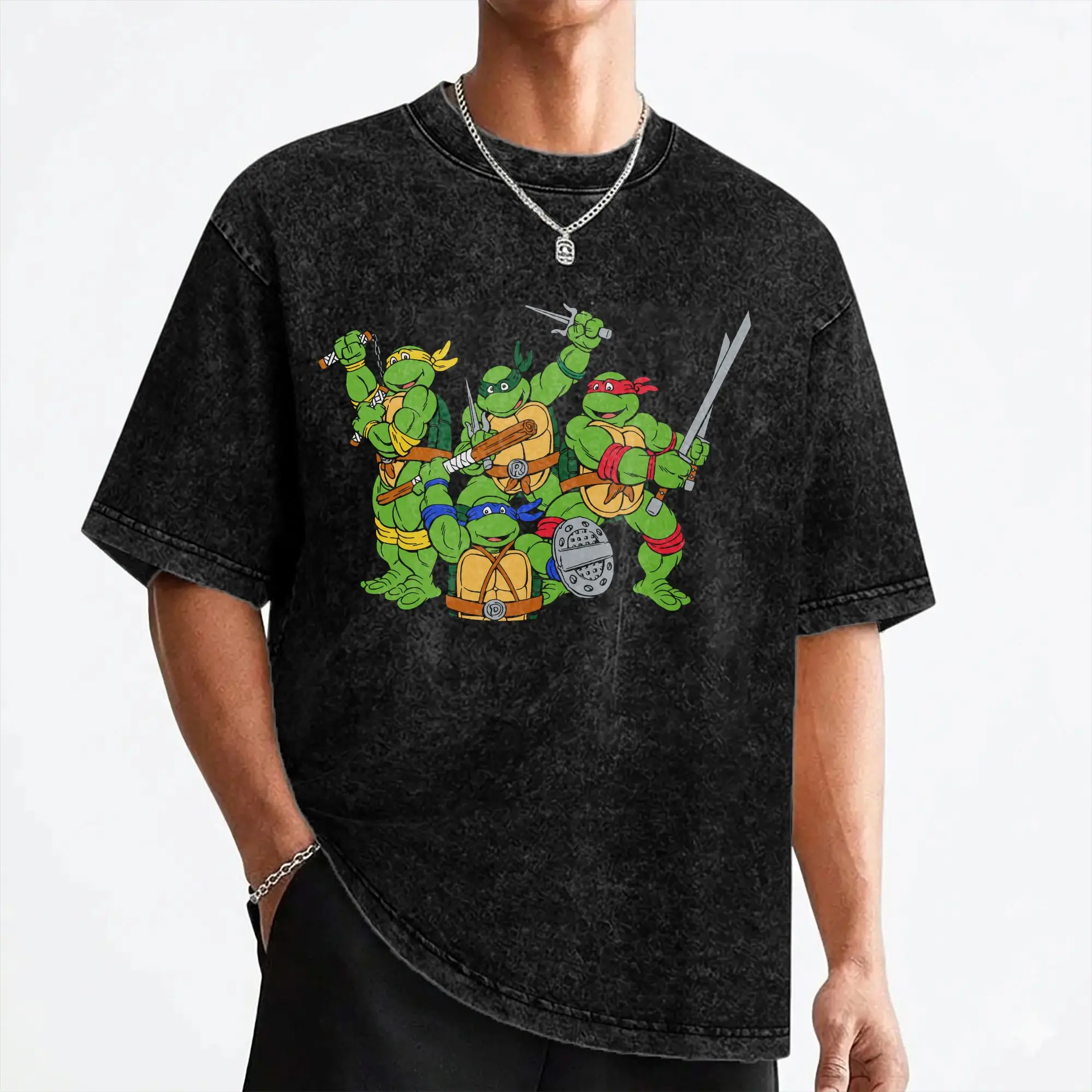 Cartoon Ninja T-Turtles Washed T Shirts Streetwear Retro T-Shirt  Tees Tops Men Women Cotton Harajuku Summer
