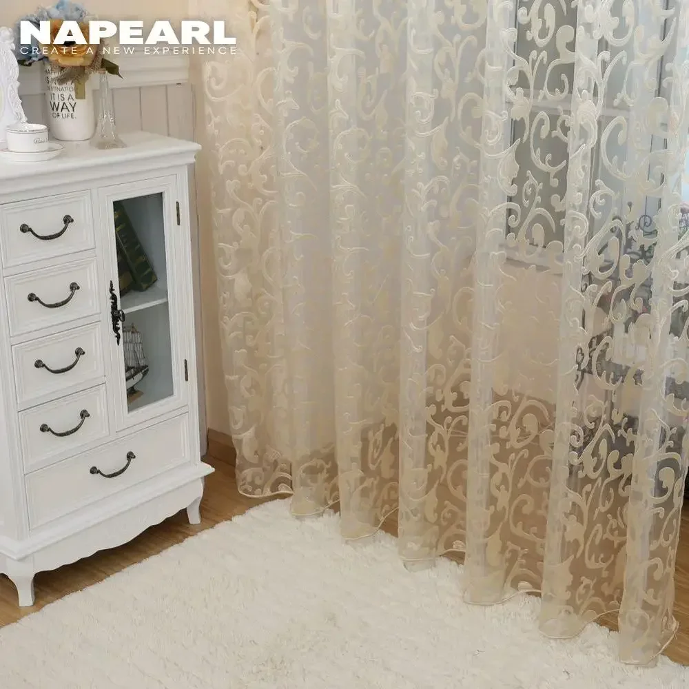 NAPEARL 1 Piece European Style Jacquard Tulle Curtains Leaf Design Fabrics Sheer Cortinas for Balcony Kitchen Bedroom Decor