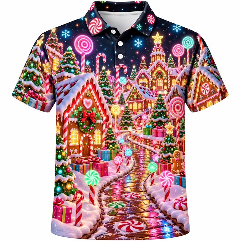 Christmas Polo Shirt for Men Short Sleeve Colorful Aurora Castle Corgi Candyland Designs Holiday Party Top