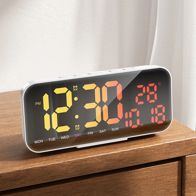 RGB Color Changing Digital LED Alarm Clock Mirror Screen Table Clock Wall/Desktop USB Snooze Clock With Temperature Date Week