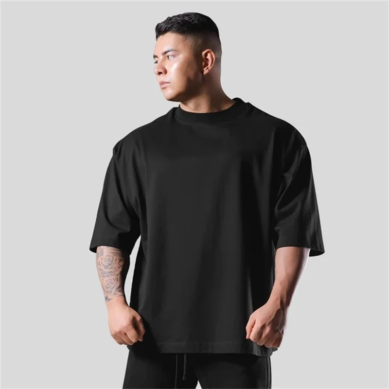 Camiseta lisa de M-5XL de 230G, 100% de algodón para gimnasio, deporte, Fitness, holgada, de talla grande, para correr, camisetas de entrenamiento para hombre
